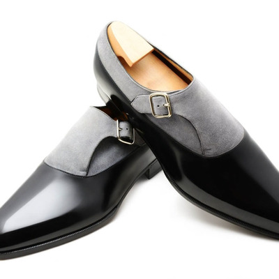 Handmade black gray shoes, men's new monk strap fashion shoes - Thumbnail 5