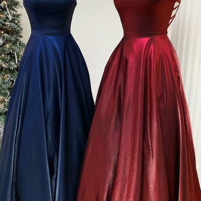 Criss cross navy/burgundy prom dresses with pockets - Thumbnail 5