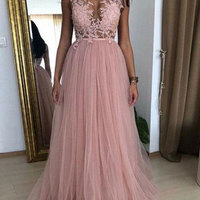 V Neck Long Prom Dresses with Appliques - Thumbnail 1