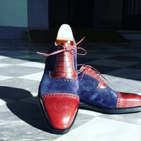 Handmade Blue Maroon Shoes, Cap Toe Lace Up Leather Suede Shoes - Thumbnail 1