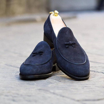 Handmade navy blue suede shoes, men's dress formal slip on loafers shoes - Thumbnail 5