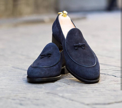 Handmade Navy Blue Suede Shoes, Men's Dress Formal Slip On Loafers Shoes