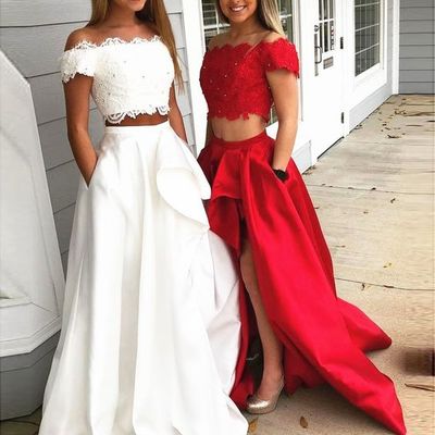 Two piece off the shoulder lace long prom dresses, 2019 prom dresses with pockets - Thumbnail 4