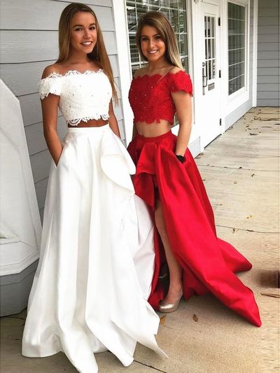 Two Piece Off the Shoulder Lace Long Prom Dresses, 2019 Prom Dresses with Pockets