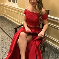 Two Piece Off the Shoulder Lace Long Prom Dresses, 2019 Prom Dresses with Pockets - Thumbnail 1