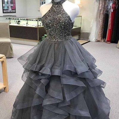 Halter ball gown grey beading long prom dresses, 2019 quinceanera dresses - Thumbnail 4