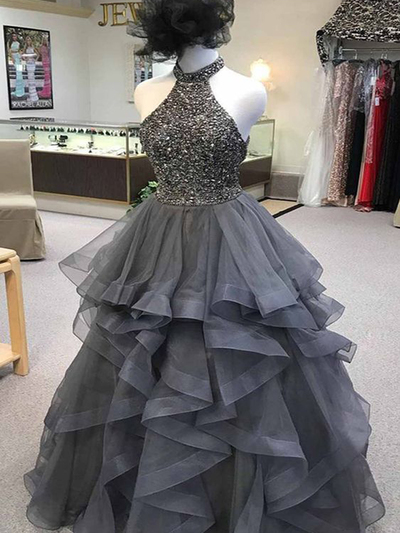 Halter Ball Gown Grey Beading Long Prom Dresses, 2019 Quinceanera Dresses