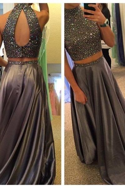 Halter A Line Grey Beading Long Prom Dresses, 2019 Sparkly Prom Dresses, Evening Party Dresses