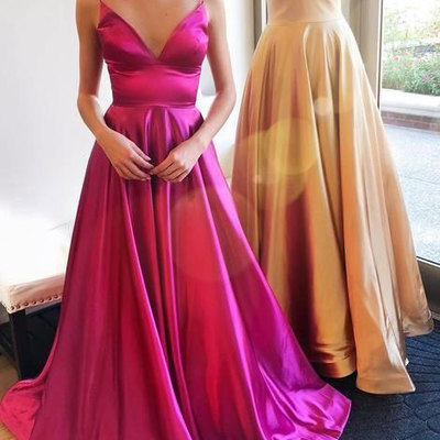 Spaghetti straps fuchsia champagne long prom dresses - Thumbnail 3