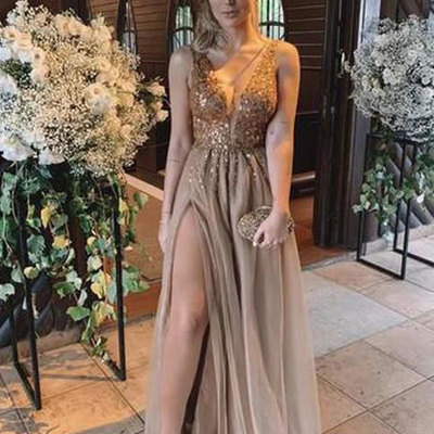 V neck split side long prom dresses for women