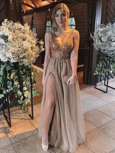 V Neck Split Side Long Prom Dresses for Women