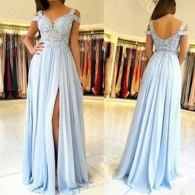 Off the shoulder split side long prom dresses with appliques - Thumbnail 5