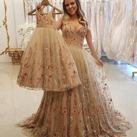 Elegant V Neck Sweep Train Prom Dresses with Appliques - Thumbnail 1