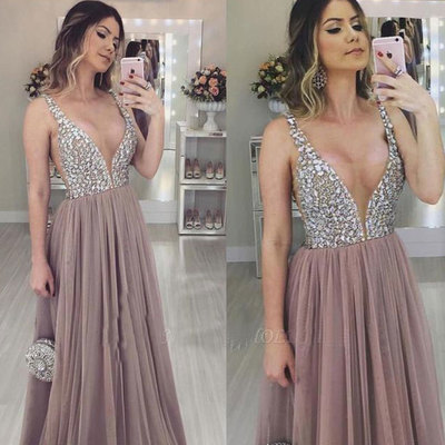 V Neck Long Prom Dresses with Beaded