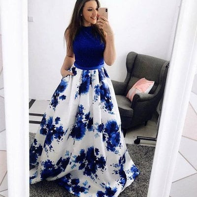Royal halter long print prom dresses with pockets - Thumbnail 4