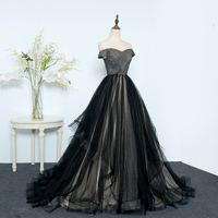 Black tulle off shoulder long prom dress, black evening dress - Thumbnail 1
