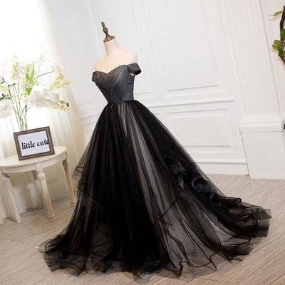 Black tulle off shoulder long prom dress, black evening dress - Thumbnail 5