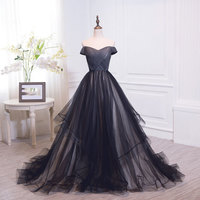 Black tulle off shoulder long prom dress, black evening dress - Thumbnail 2