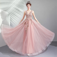 Pink tulle lace long prom dress, pink evening dress - Thumbnail 1