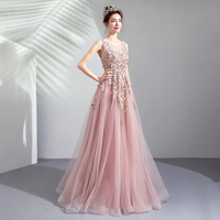 Pink tulle lace long prom dress, pink evening dress - Thumbnail 3
