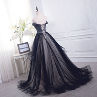 Black tulle off shoulder long prom dress, black evening dress - Thumbnail 3
