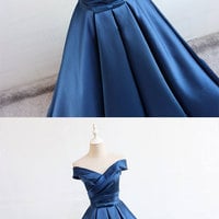 Blue v neck satin long prom dress, blue evening dress - Thumbnail 2