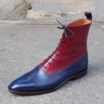 Handmade men red blue leather boot, men ankle high lace up cap toe dress formal boot - Thumbnail 5