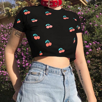 Cherry Printed Black Top - Thumbnail 3