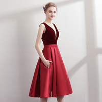 Burgundy v neck velvet satin short prom dress, homecoming dress - Thumbnail 2