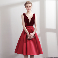 Burgundy v neck velvet satin short prom dress, homecoming dress - Thumbnail 3