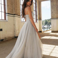 A Line Split Grey Tulle Long Prom Dresses,2019 Grey Prom Dresses,Beading Prom Dresses - Thumbnail 2