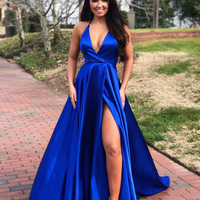 Sexy royal blue long prom dress with deep v neck, 2019 halter royal blue prom dress with side slit, cheap prom dress - Thumbnail 1
