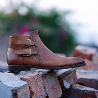 Handmade Brown Leather Boot, Fashion Buckle Straps Boot - Thumbnail 1