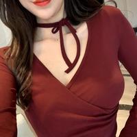 Chic Lace up V-neck Long Sleeve T-shirt - Thumbnail 3