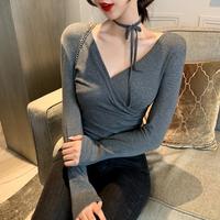 Chic Lace up V-neck Long Sleeve T-shirt - Thumbnail 4