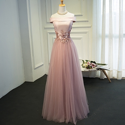 Pink tulle lace long prom dress, pink evening dresses