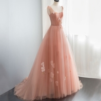 Pink tulle lace long prom dress, pink evening dress - Thumbnail 3