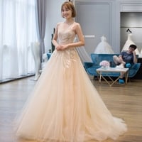 Champagne tulle lace long prom dress, evening dress - Thumbnail 1