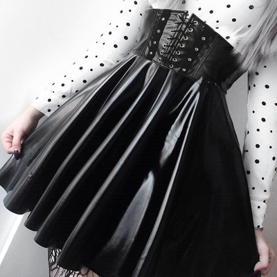 Harajuku Faux Leather Black Lace up Skirt