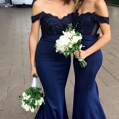 Off the shoulder navy mermaid prom dresses with appliques - Thumbnail 5