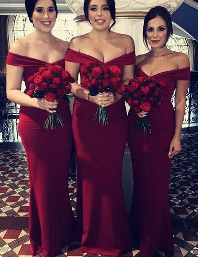 Dark Red Off the Shoulder Mermaid Bridesmaid Gowns