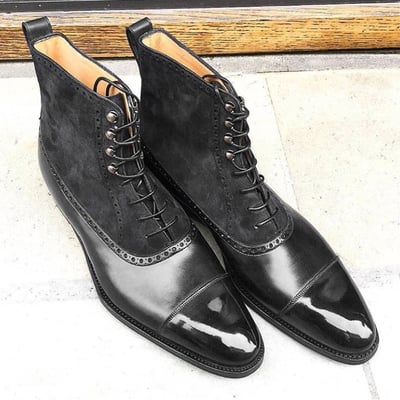 Handmade black leather suede lace up boot, men's ankle high cap toe boot - Thumbnail 5