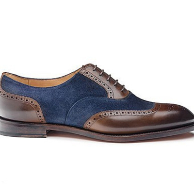 Handmade brown navy blue suede leather shoes, men's wing tip lace up shoes - Thumbnail 5
