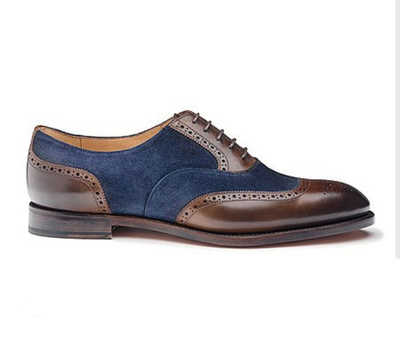Handmade Brown Navy Blue Suede Leather Shoes, Men's Wing Tip Lace Up Shoes