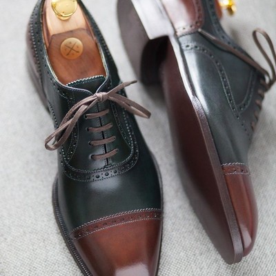 Handmade black brown cap toe leather shoes, men's lace up formal shoes - Thumbnail 5