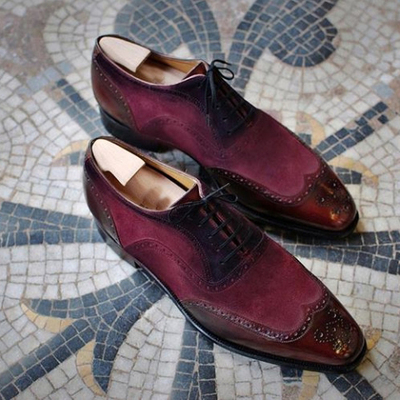 Handmade burgundy leather suede shoes, wing tip lace up fashion shoes - Thumbnail 5