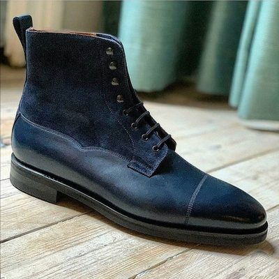 Handmade navy blue leather suede lace up boot, men's ankle high cap toe boot - Thumbnail 5