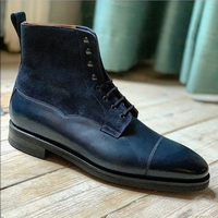 Handmade Navy Blue Leather Suede Lace Up Boot, Men's Ankle High Cap Toe Boot - Thumbnail 1