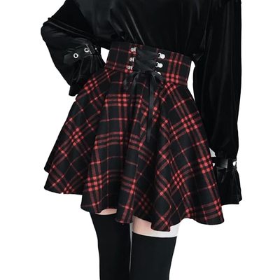 Plaid lace up high waist gothic skirt