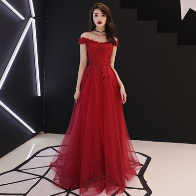 Burgundy lace tulle long prom dress, evening dress - Thumbnail 5